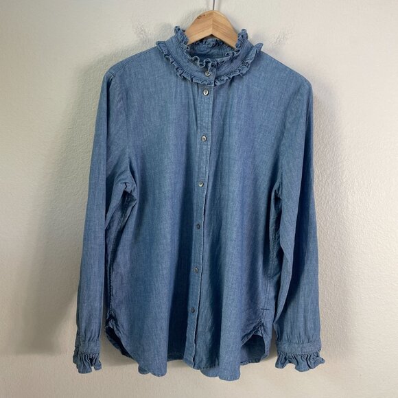 J. Crew Tops - J Crew Womens 14 Classic Ruffled Denim Button Up Shirt Long Sleeve Blouse Top